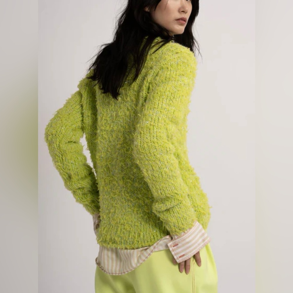 Sies Marjan Leta fuzzy metallic slim sweater lime green silver Women XS‎ NEW Lux